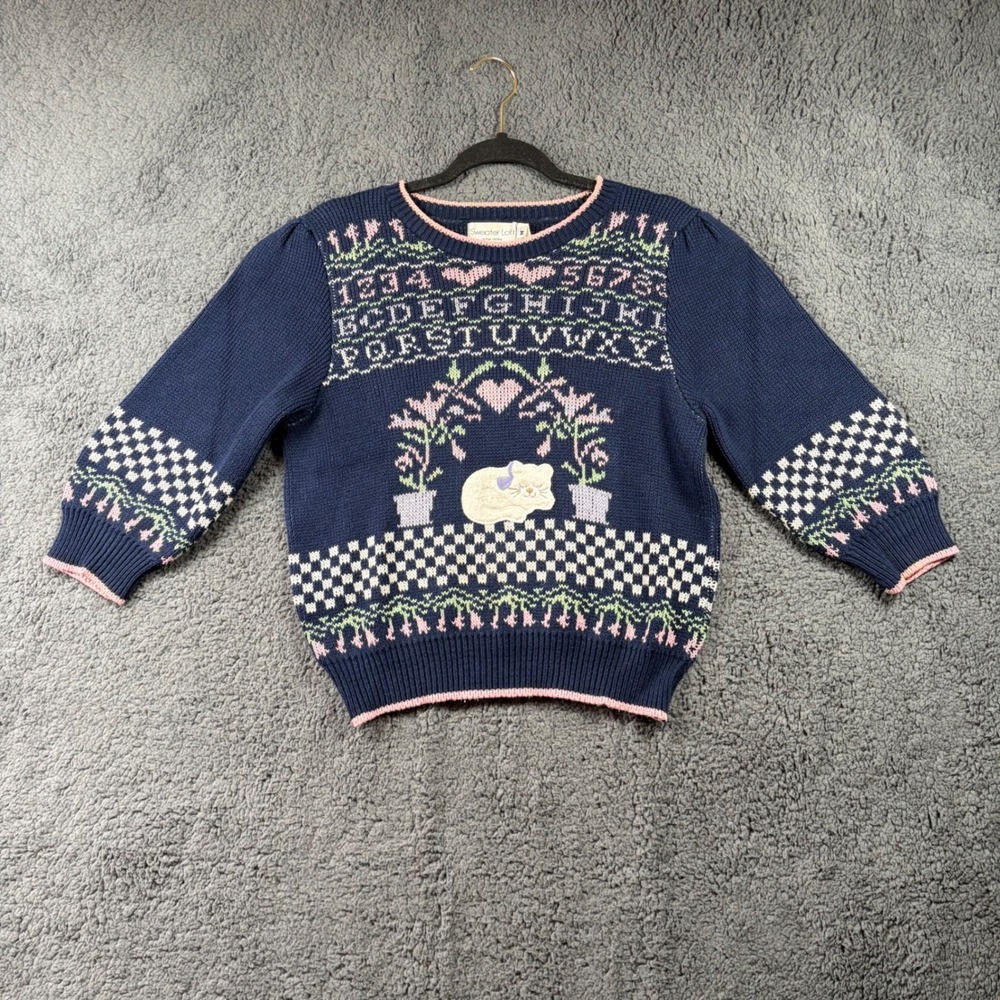 Vtg Sweater Loft Cat Alphabet Knit Sweater Sz M USA Grandma Cottagecore‎ Teacher
